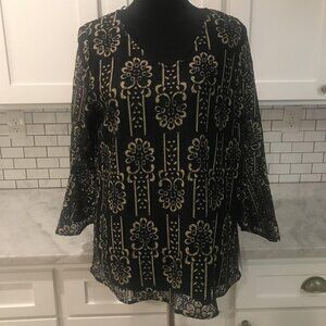 Calessa Shirt Womens Large Black Beige Lace Tunic V Neck Lined Bohemian Western